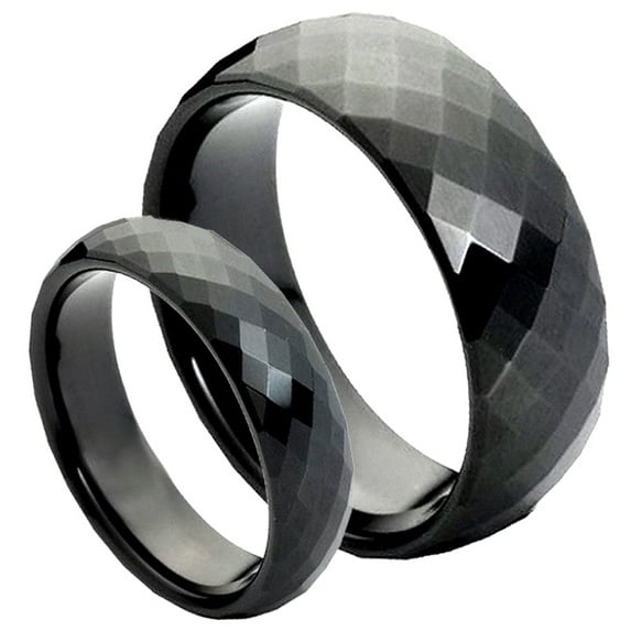 Men's & Women's 8MM/6MM Black Polished Facet Cut Shiny Tungsten Carbide Wedding Band Ring Set