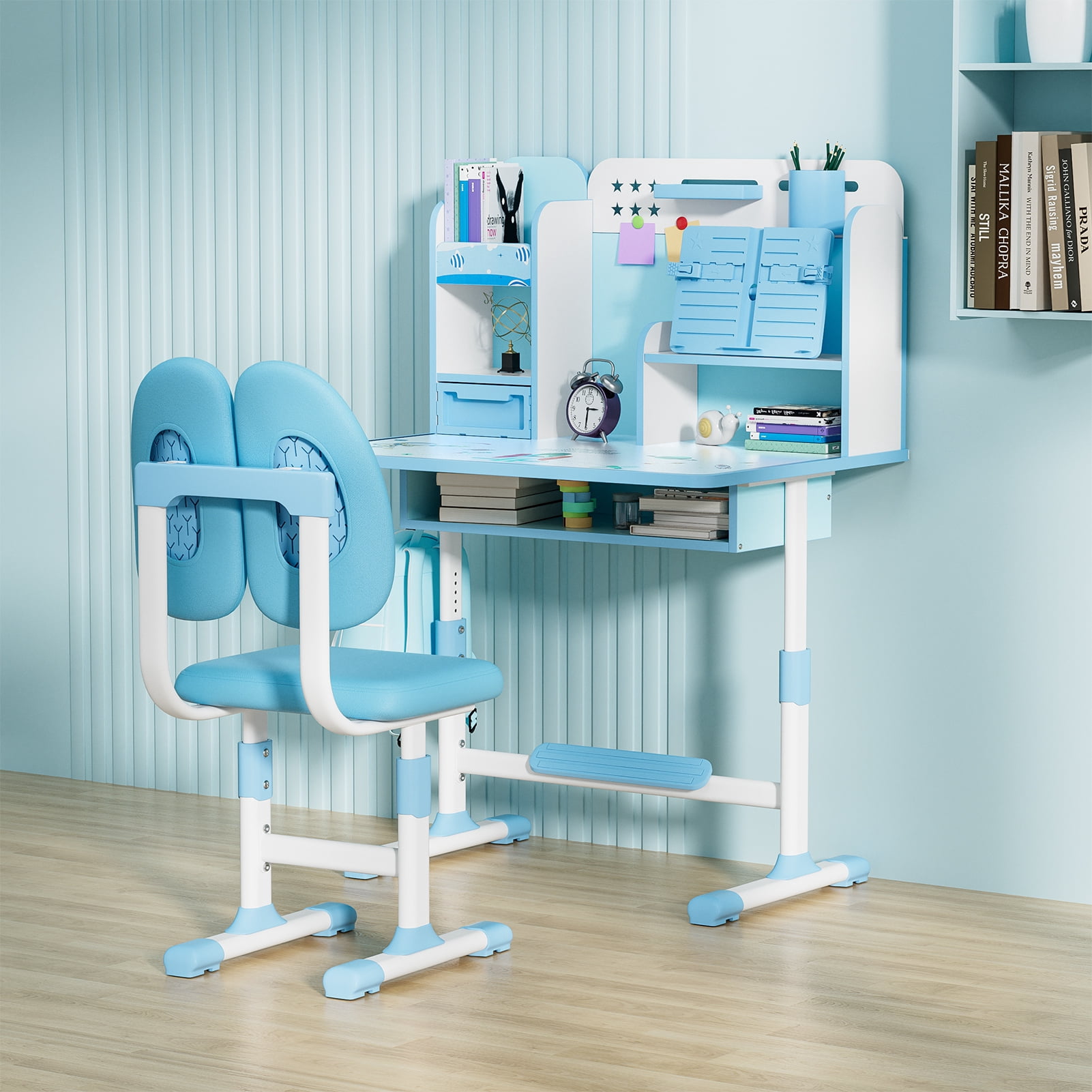 Aqyh Kids Desk and Chair Set, Height Adjustable Children School Study Table with Pen Holder, Reader, Drawer, Foot Pedal and Hook for Boys Girls (Blue)