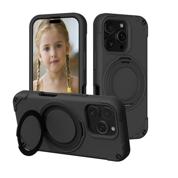 for iPhone 16 Pro Max EVA Case with Aluminum Alloy Magnetic Invisible Ring Stand [Compatible with Mag-Safe] [Military Drop Protection] Shockproof Anti-Slip Scratch Resistant Cover, Black
