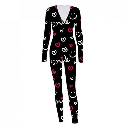 

Wirziis Women s Sexy Butt Button Back Flap Jumpsuit V Neck Long Sleeve Romper Bodycon Pajamas Onesies Adults Fashion Print Sexy Jumpsuit- Valentine s Day Gifts for Women
