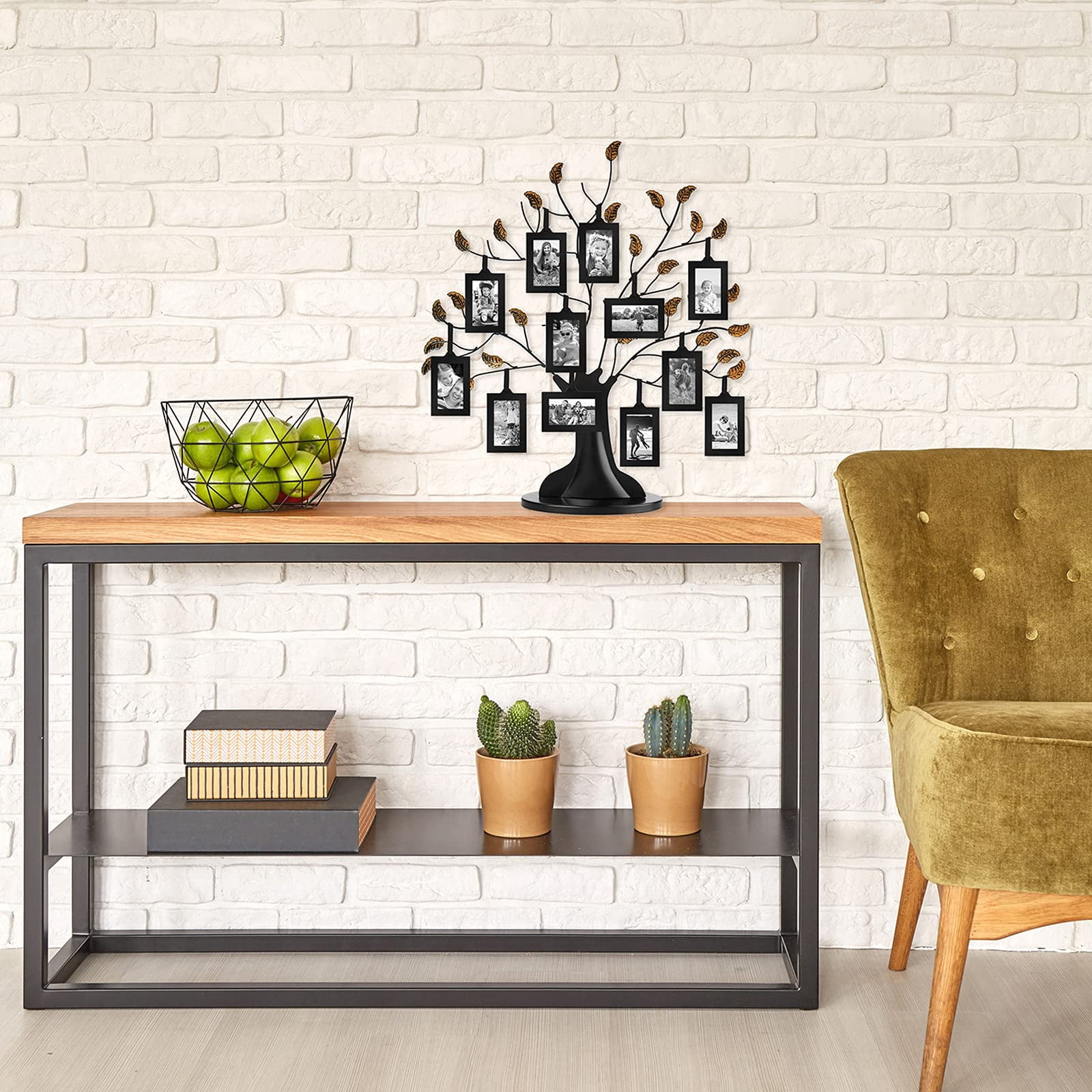 Americanflat Family Tree, 22" with 12 Hanging Mini Picture Frames for Wallet Size 2" x 3" Photos, Black with Bronze Leaves
