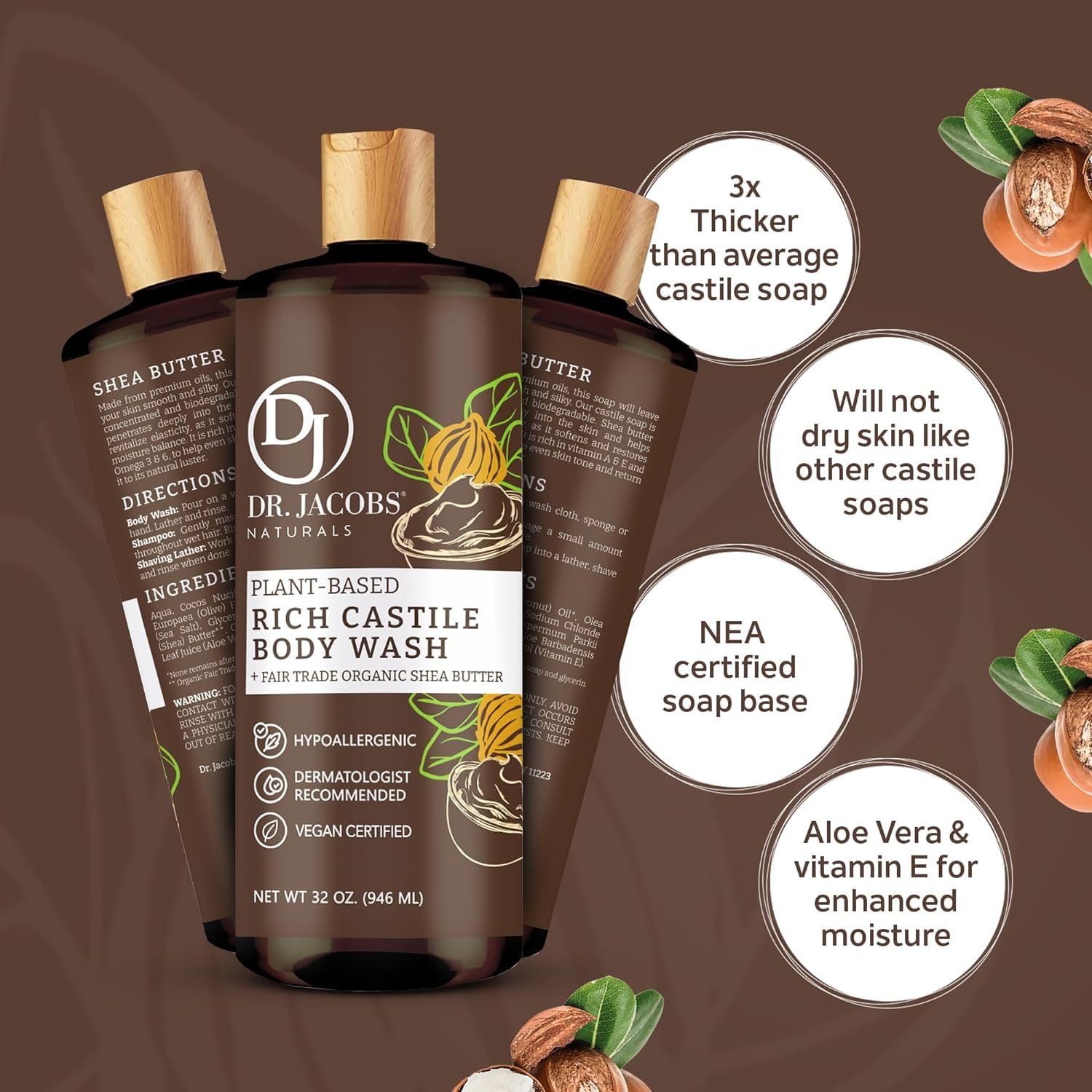 Dr Jacobs Naturals Castile Soap Body Wash Plant Based Liquid Soap, Shea Butter 32 Oz 2-Pack