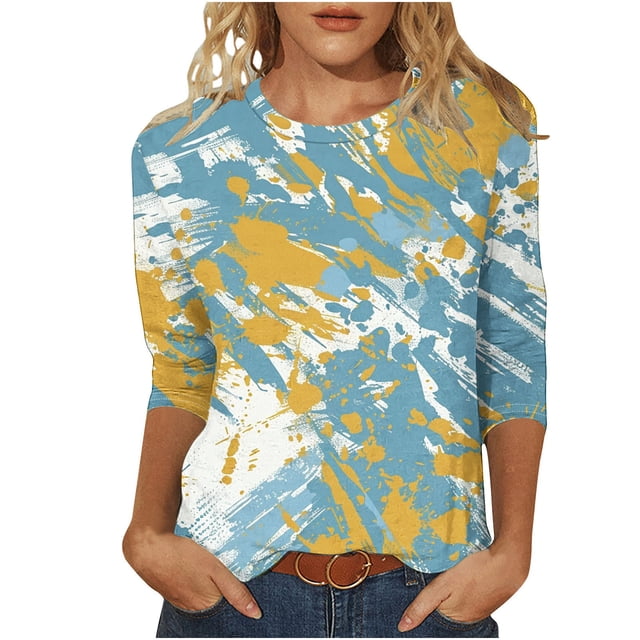 HKEJIAOI T-Shirts à Manches 3/4 pour Femmes à Imprimé Floral, Col Rond, Coupe Ample, T-Shirts Décontractés Mode, Chandails à Enfiler, Bleu Clair-C m