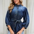 thumbnail image 5 of SETOOFF Womens 3/4 Length Sleeve Tops Denim Blouses Stand Collar Button Front Belted Waist Puff Sleeve Casual Shirts Women Spring Fall Travel Daily Outfit, 5 of 9