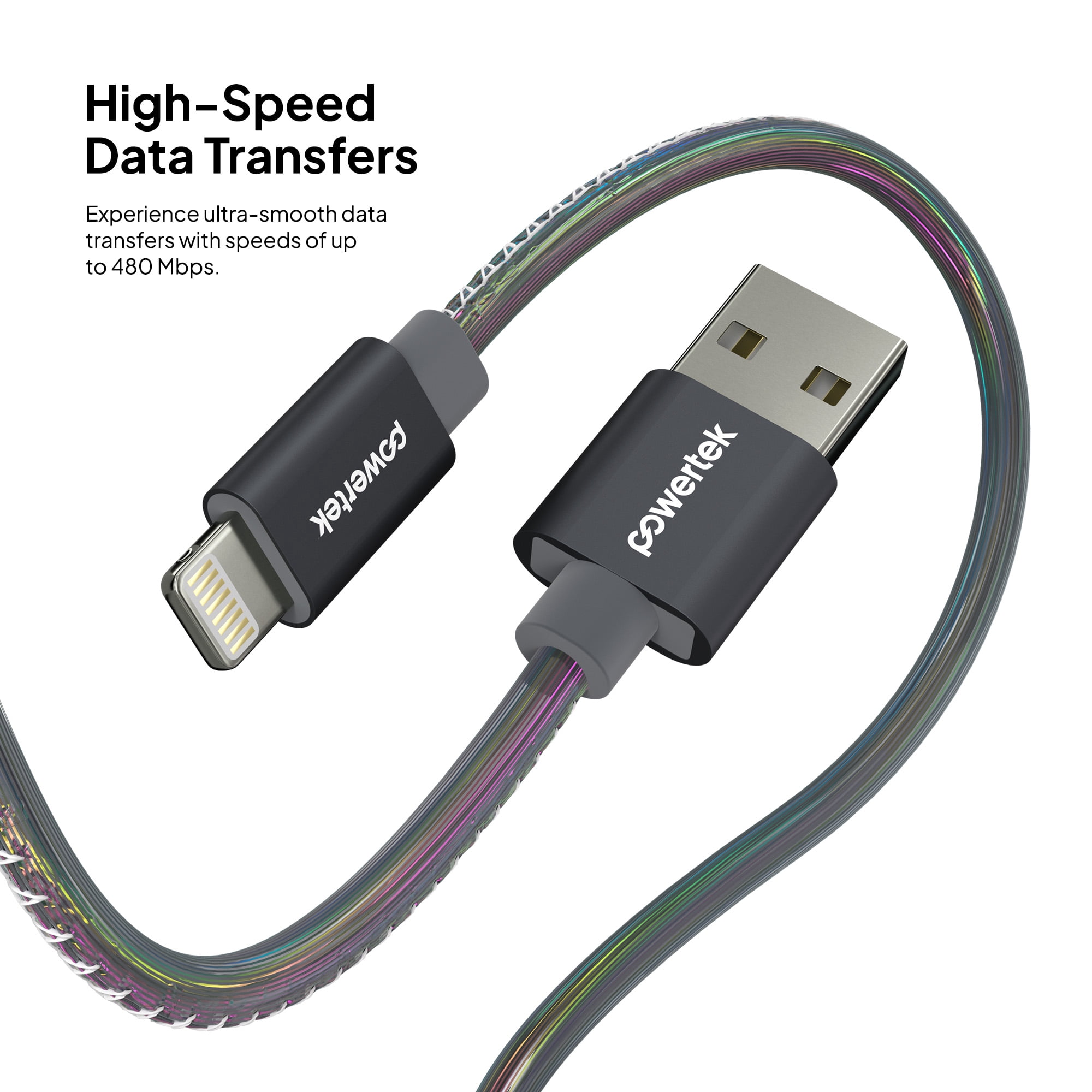 Powertek MFi Certified USB-A to Lightning Metallic Shine Pastel Charging Cable, 6 ft, Black