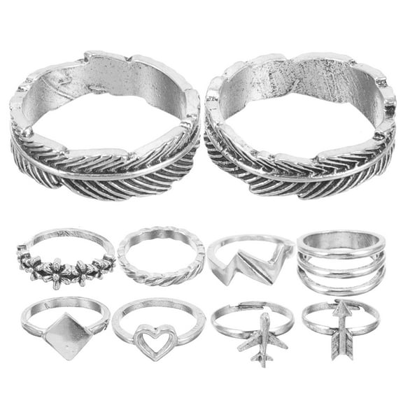 LOLIPPYY 10Pcs Metal Decorative Finger Rings in with Floral Wave Heart Elements for Parties