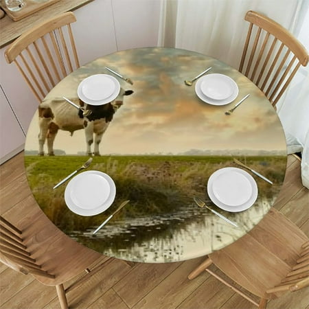

Sheronv Cow Grass River Round Table Cover Stain Resistant Washable Indoor Outdoor Tablecloth Kitchen Dining Wedding Parties 100% Polyester Fiber 42-46
