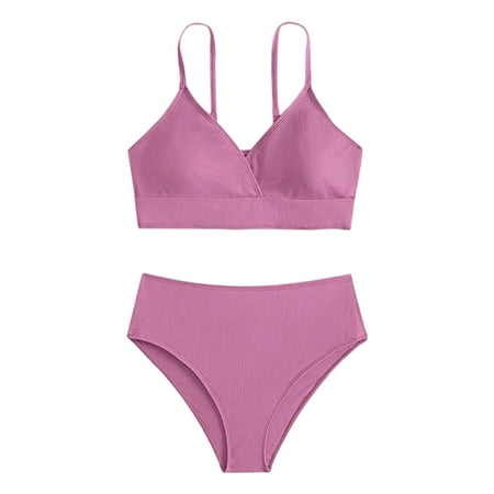 Toddler Girls Swimsuits Solid Color Spaghetti Strap Bra And Panty Set High Waist Two Piece Bikini Swimwears Sportwear Pink 8-10 Years