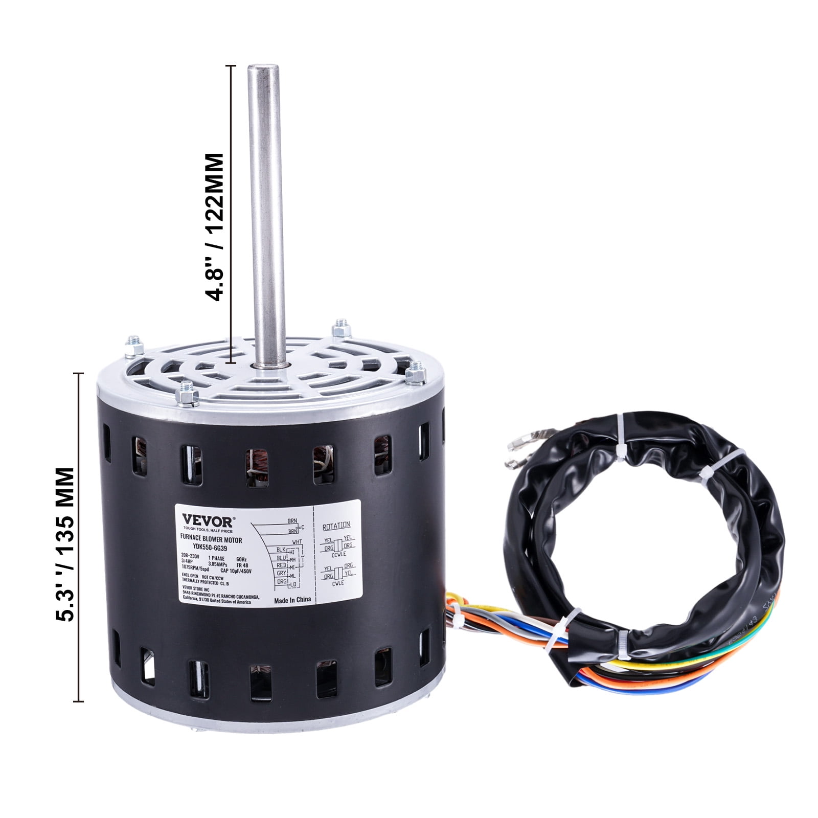 VEVOR 3/4HP Furnace Blower Motor, 208/230V 3.85Amps, 1075RPM 5 Speeds, CW/CCW Rotation, 48 Frame 4.8" Shaft Length, 10μF/450V Capacitor + 11" Hold Hoop