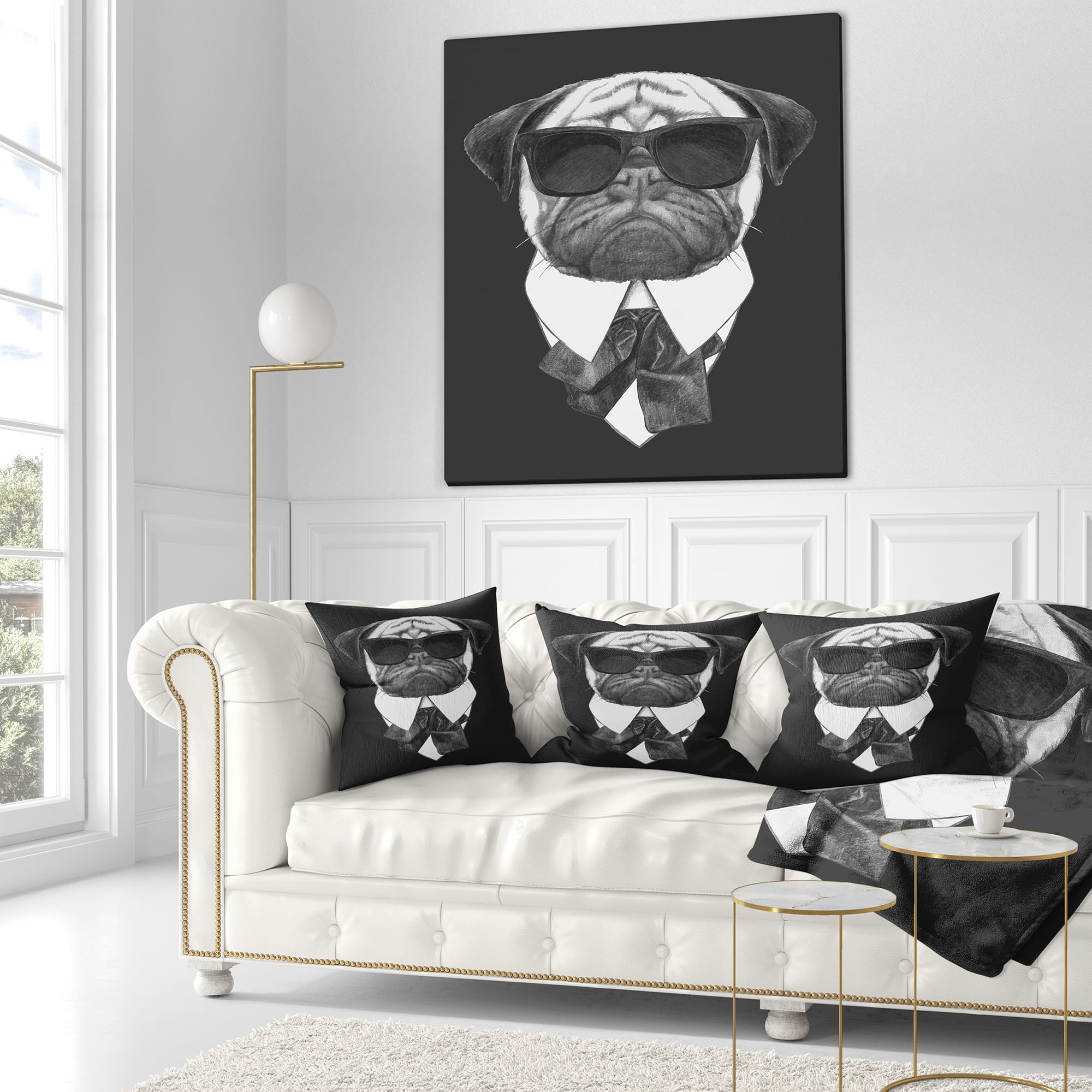 Designart Funny Dog with Black Glasses - Animal Throw Pillow - 16x16