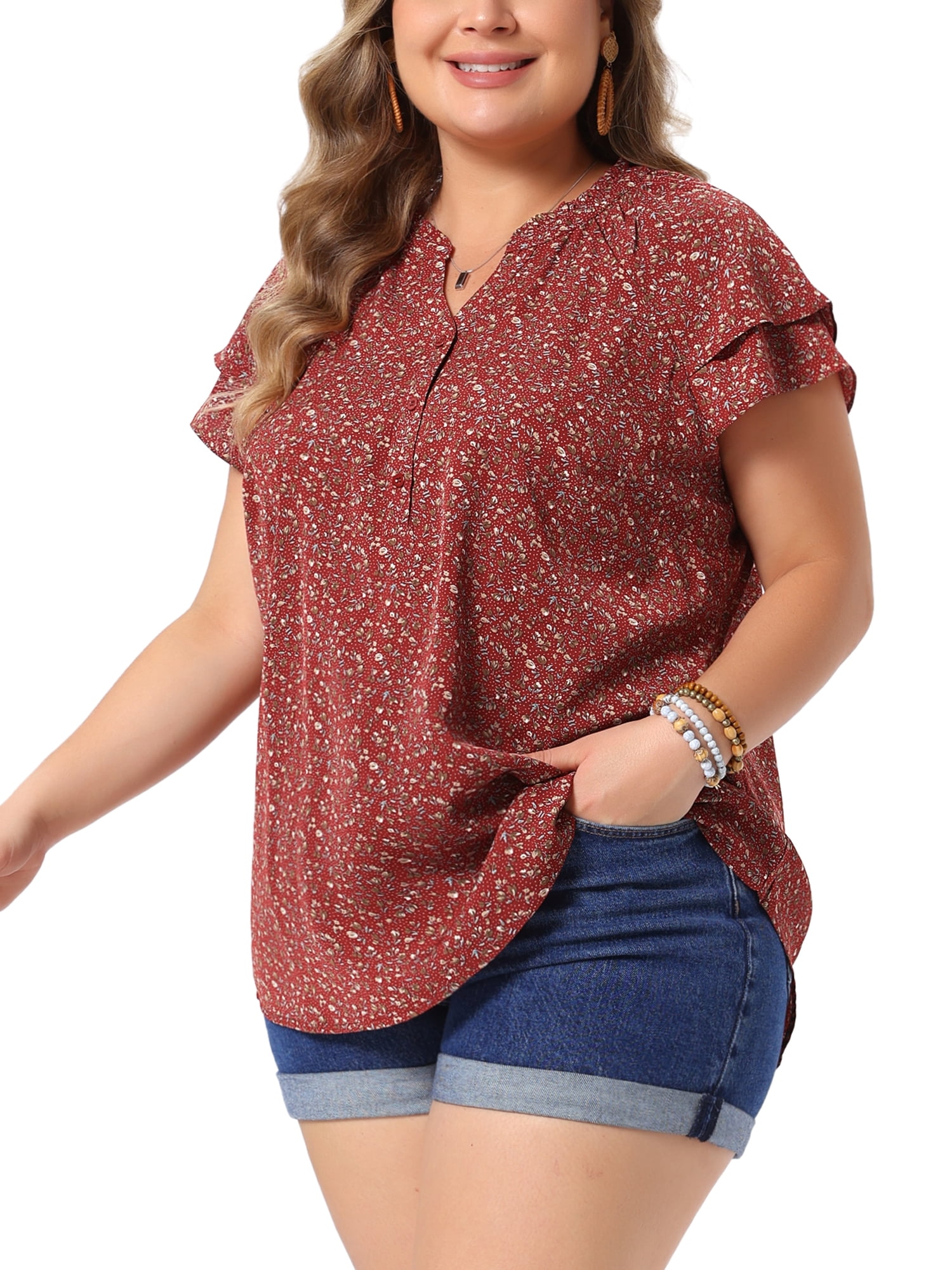 DARING DIVA Women's Plus Size Layered Sleeve V Neck Floral Tops Tunics 1X Red