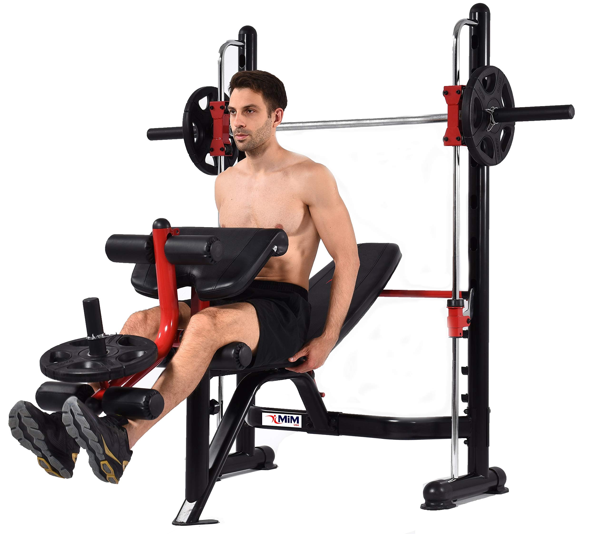 MiM USA Olympic Weight Bench w/Leg Extension Preacher curl Functions, Squat Rack Set