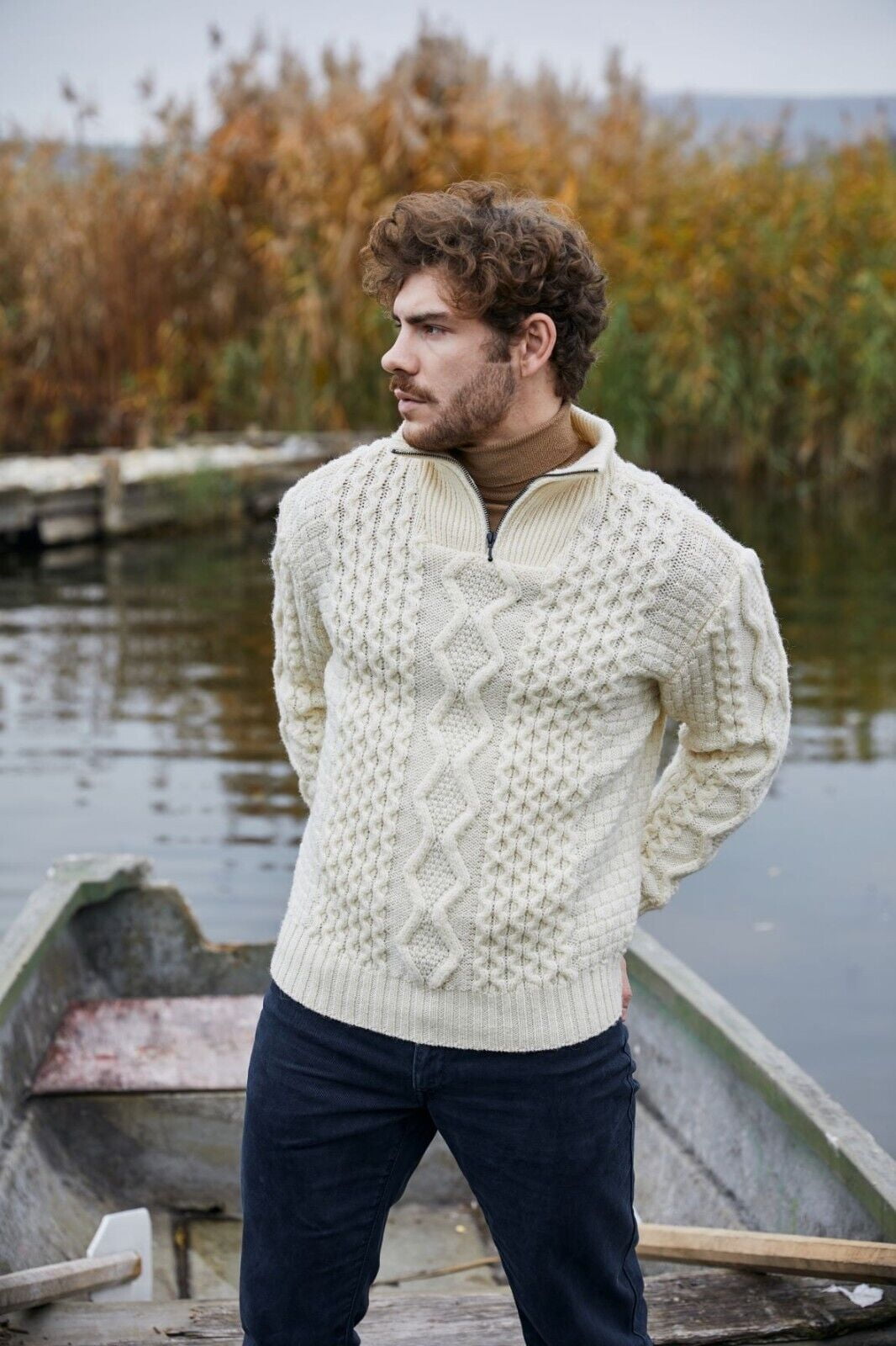 SAOL Aran Irish Fisherman Sweater Men's 100% Merino Wool Zip Neck