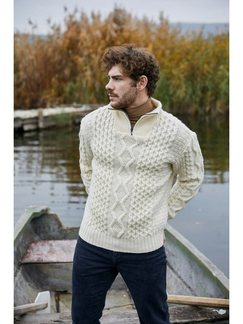 SAOL Aran Irish Fisherman Sweater Men's 100% Merino Wool Zip Neck