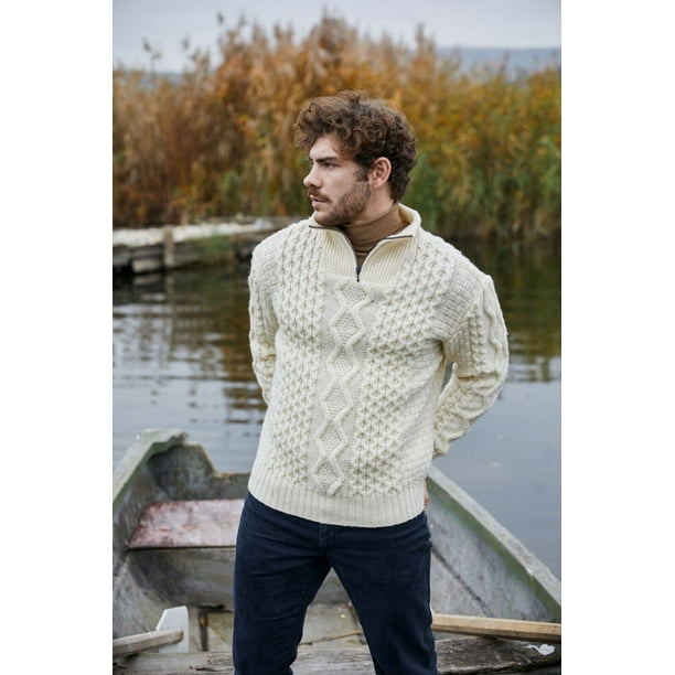 SAOL Aran Irish Fisherman Sweater Men's 100% Merino Wool Zip Neck