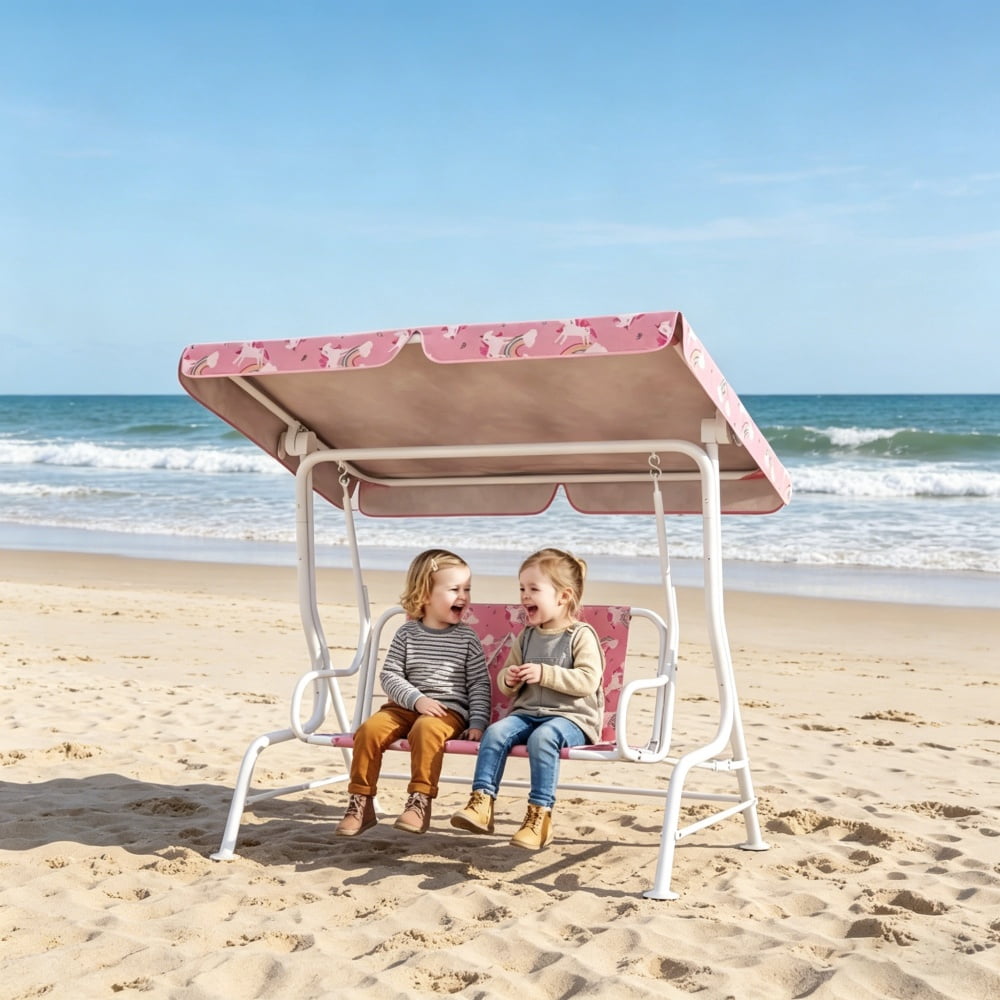Pink & White Unicorn Rainbow Kids Swing Chair - Heavy-Duty Steel Frame, Adjustable Canopy, 132lbs Weight Capacity for Outdoor/Indoor Use