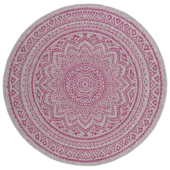 SAFAVIEH Courtyard Josiah Floral Medallion Indoor/Outdoor Area Rug, 6'7" x 6'7" Round, Light Grey/Fuchsia