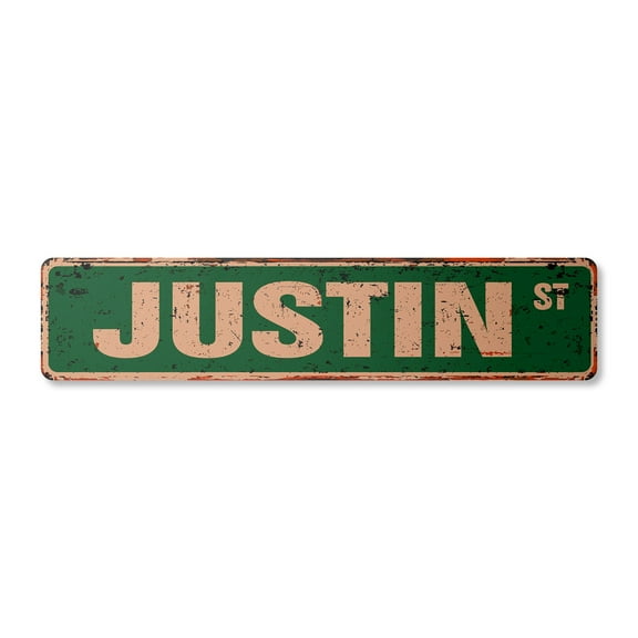 JUSTIN Vintage Plastic Street Sign Childrens Name Room Sign | Indoor/Outdoor | 18" Wide