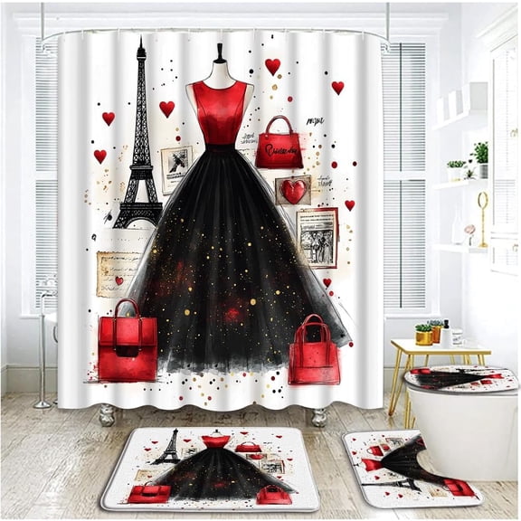 4 Piece Pretty Girly Dresses Fashion Shower Curtain Set with Rugs, Toilet Lid Cover,Romantic Paris Display Window Black Red Skirt Lady's Bag Valentines Day Bathroom Shower Curtain with Hooks