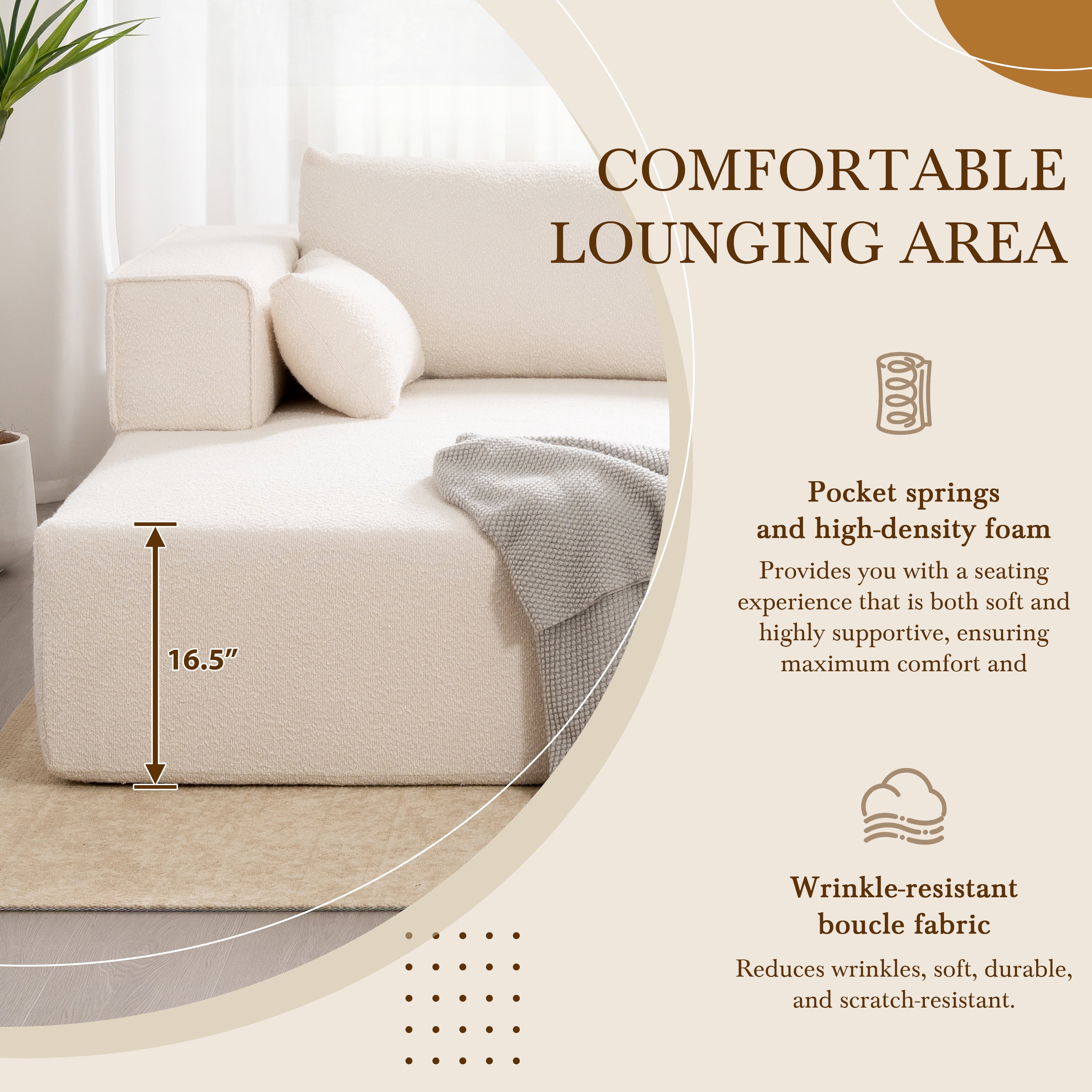 Sectional Sofa, Modular Couch, L-Shaped Fully Compressed with Free Side Table and 2 Pillows, No Assembly Required, Wrinkle-Resistant Boucle Fabric for Living Room, 112 Inch, Beige