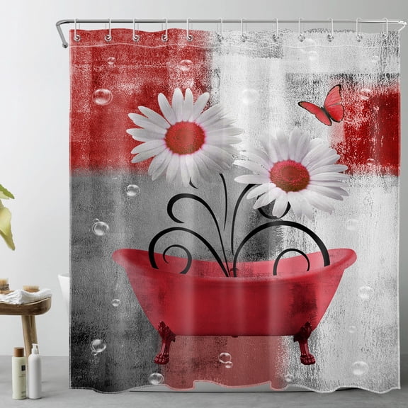 HVEST Vintage Farmhouse Floral Shower Curtain, Daisy Flower Butterfly on Bathtub Bathroom Curtain Red and Gray Polyester Fabric Decor Curtain with Hooks, 72X72 inch