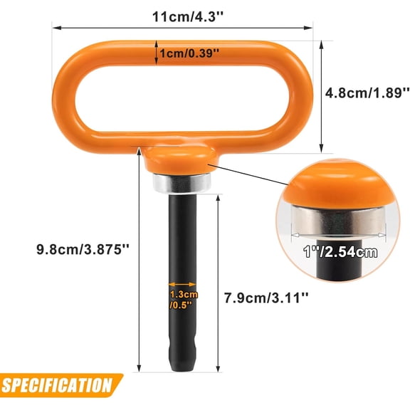 1/2" Orange Magnetic Hitch Pin for Lawn Mower Trailer Hitch, Secure & Easy One-Handed Hook On/Off