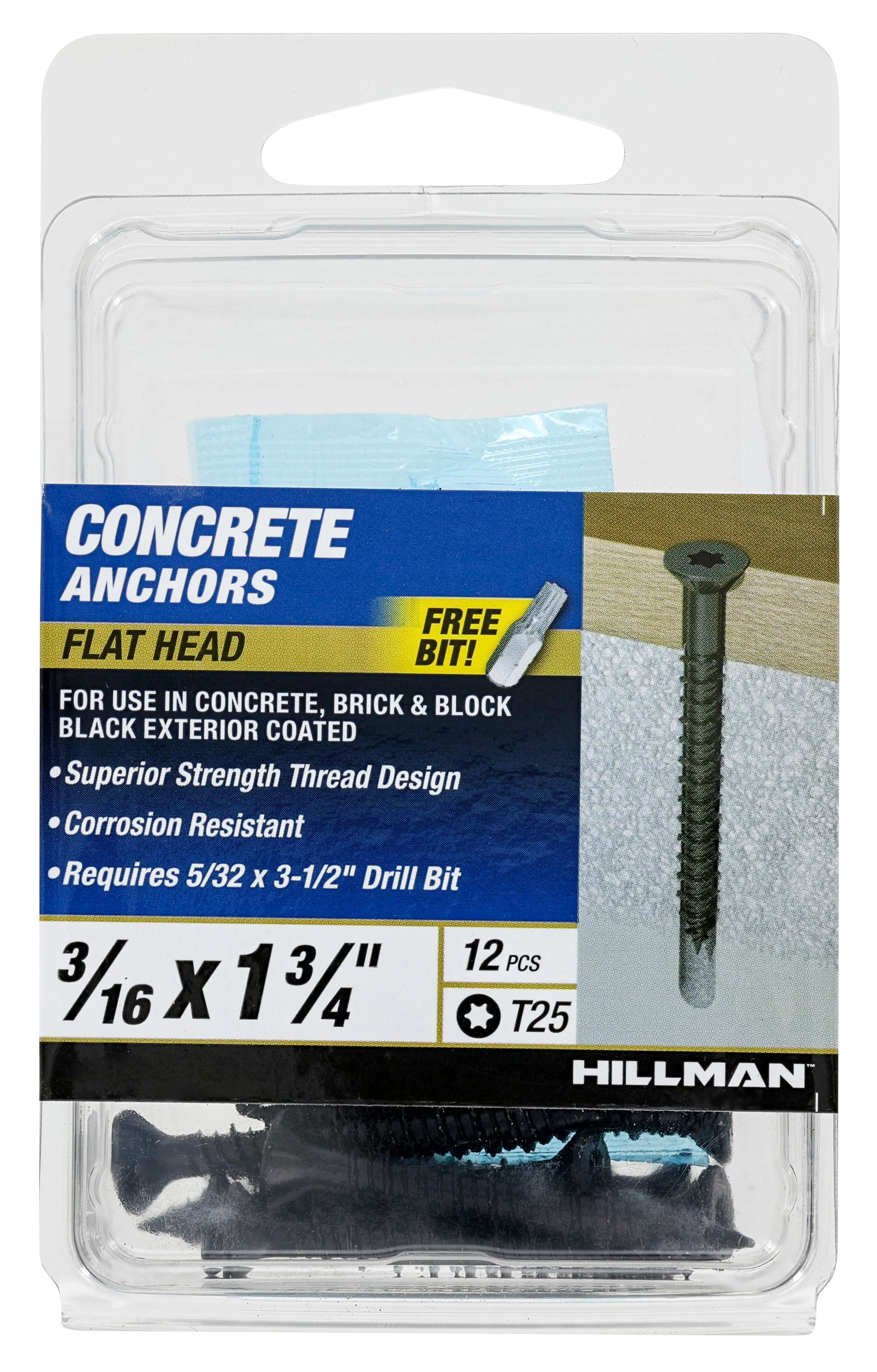 (2 pack) Hillman Concrete Screw Anchors, 3/16 x 1-3/4", Steel, Corrosion Resistant, Black, 12 sets