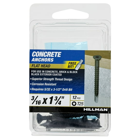 Hillman Concrete Screw Anchors, 3/16 x 1-3/4", Steel, Corrosion Resistant, Black, 12 sets