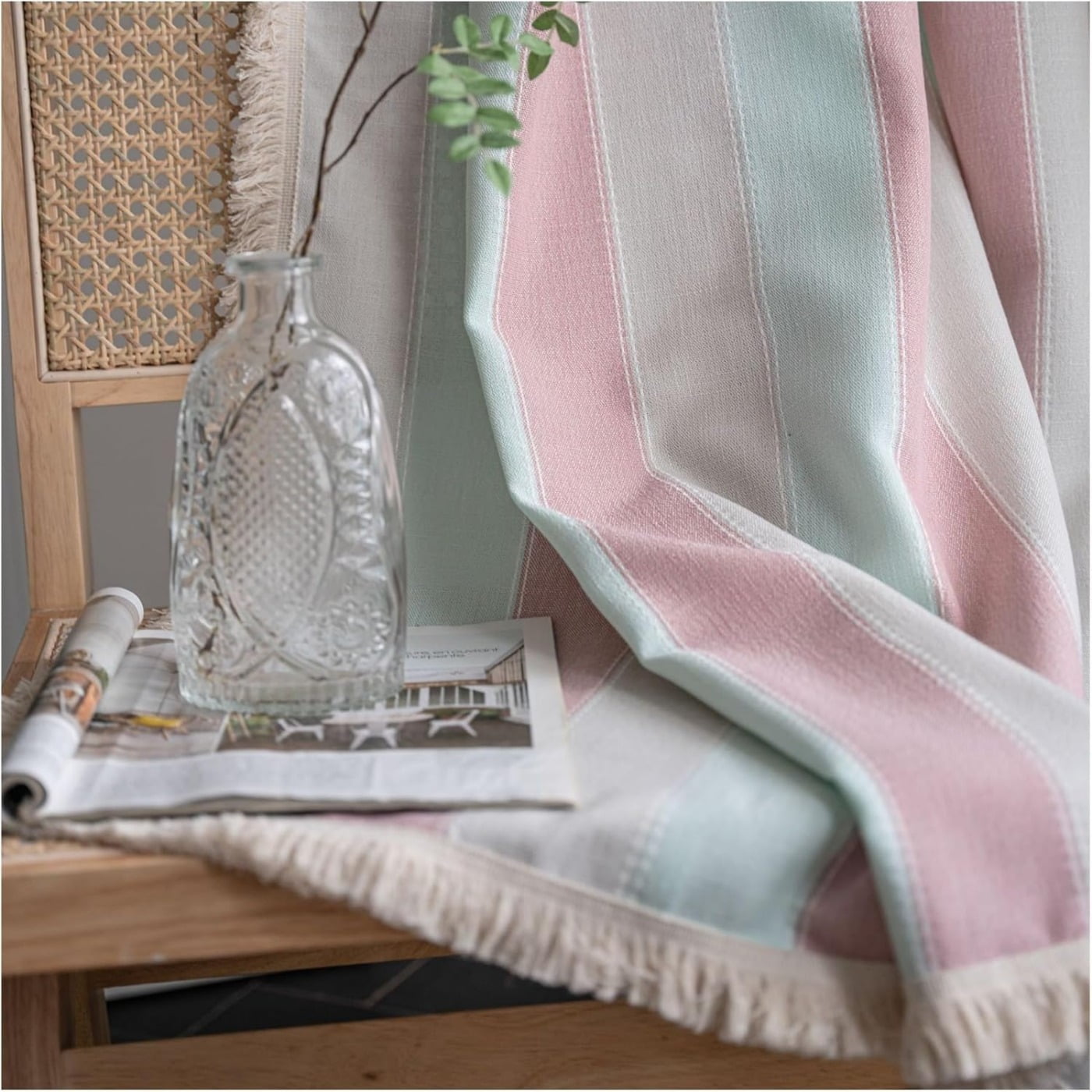 Vireellx Farmhouse Blackout Curtains，Contrasting Stripes Cotton Linen Curtains, with White Tassel Rod Pocket Curtains, Living Room Bedroom Dining Room