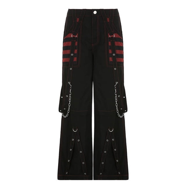 Pantalones casuales de estilo retro oscuro, elegantes y con cintas y cadena de maíz, pantalones de pierna ancha con costuras de malla a rayas de color en contraste