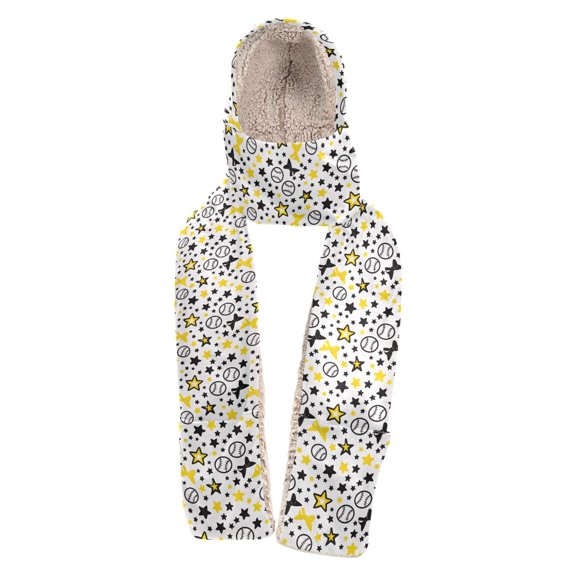 BZSMCE 3‑in‑1 Hooded Scarf with Pockets Soft Plush Lined Winter Hat Scarf Gloves Combo Star Bow Pattern Print Warm Neck Wrap for Outdoor Skiing Walking