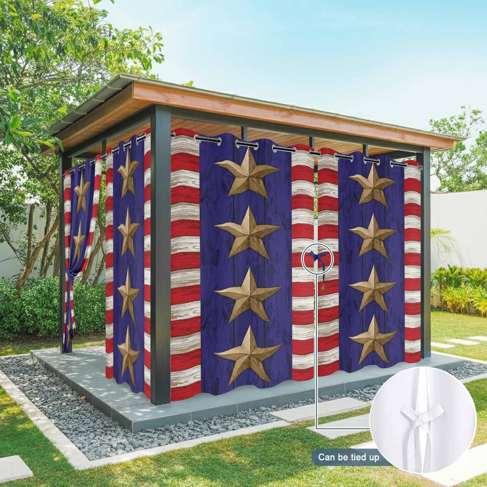 Independence Day Outdoor Curtains for Patio, Retro America Blue Gold Star Red Wood Grain Sunshade Privacy Drapes Grommet Waterproof Outside Curtains for Porch/Cabana/Balcony 54"x 108", 1 Panel