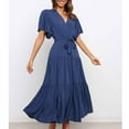 thumbnail image 5 of QUYUON Flowy Dresses for Women Casual Summer Wrap V-Neck Short Sleeve Ruffle Midi Dress with Belt Pleated A-Line Beach Sundress Elegant Formal Evening Party Cocktail Long Dresses Dark Blue X-Large, 5 of 6