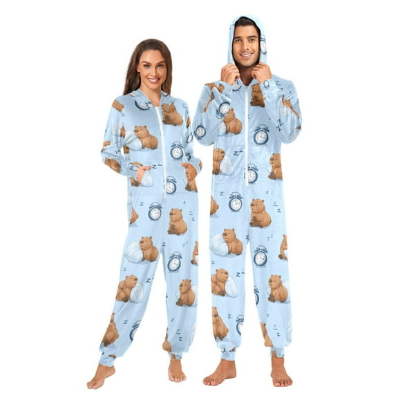Adult Christmas Onesie Sleeping Capybara Adult Zipper One-Piece Pajamas Unisex Pajamas with Pockets