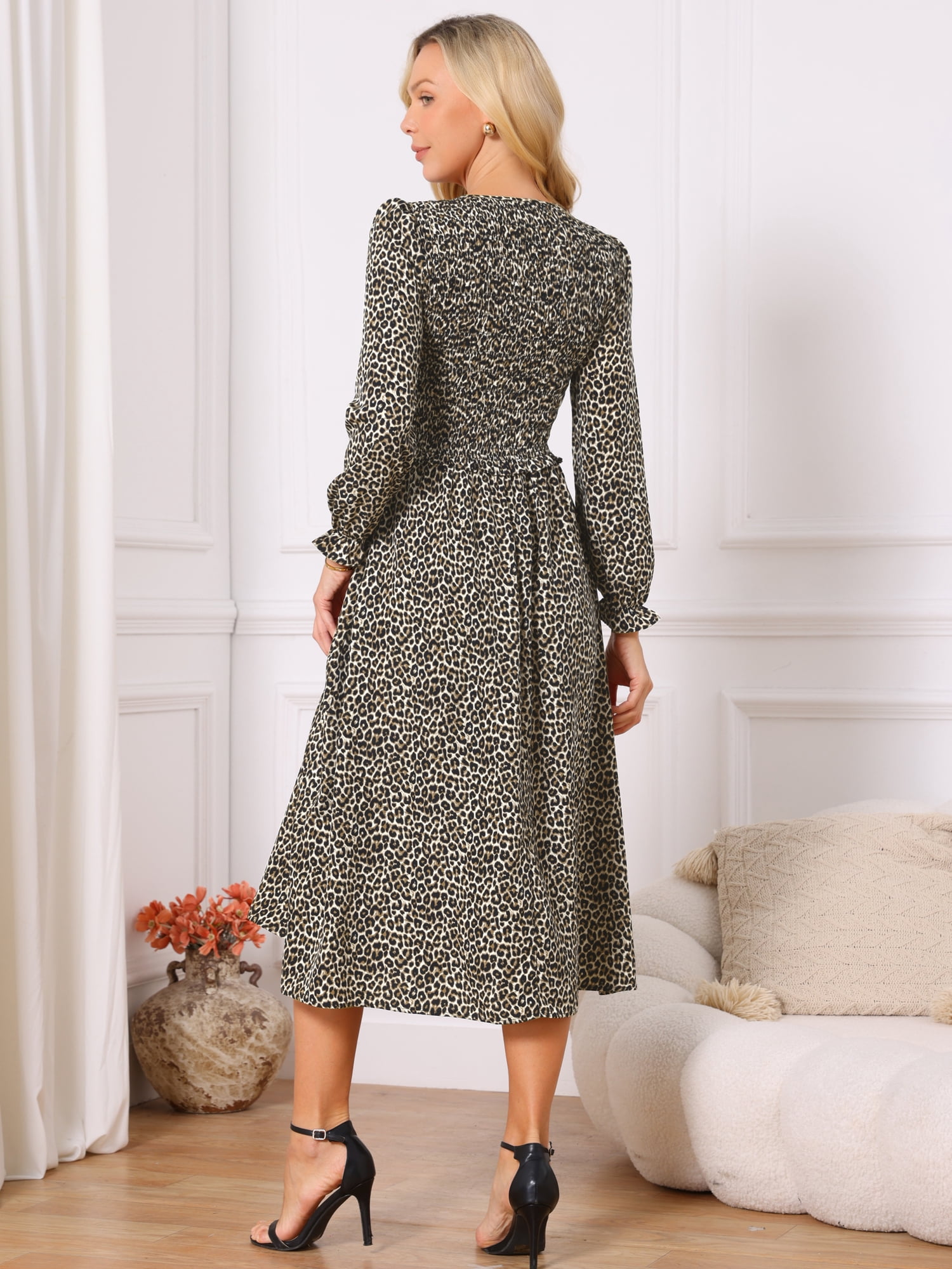 DARING DIVA Women's Leopard Print Long Sleeve Ruffle Tie Dress M Apricot