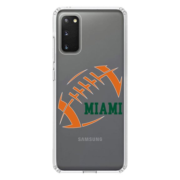 DistinctInk Clear Shockproof Hybrid Case for Galaxy S20 / S20 5G (6.2" Screen) - TPU Bumper, Acrylic Back, Tempered Glass Screen Protector - Miami Football - Orange, Green