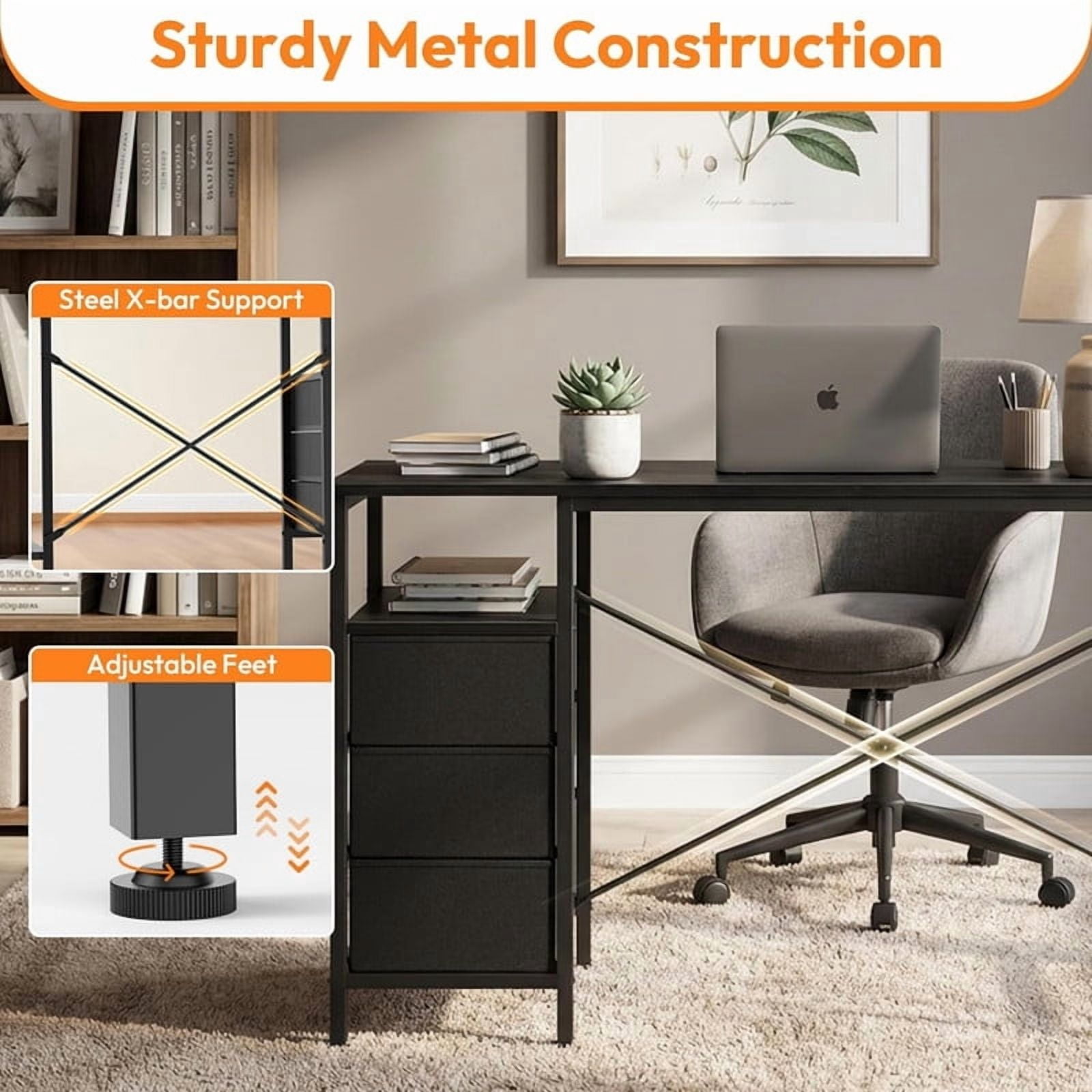 Kelno 55 Inch L Shaped Computer Desk with Power Outlets Adjustable Shelf 3 Fabric Drawer,Black