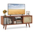 thumbnail image 3 of Modern TV Stand for TVs up to 55" with Rattan& Glass Sliding Doors, Entertainment Center Media Console for Living Room, Bedroom,Brown, 3 of 9
