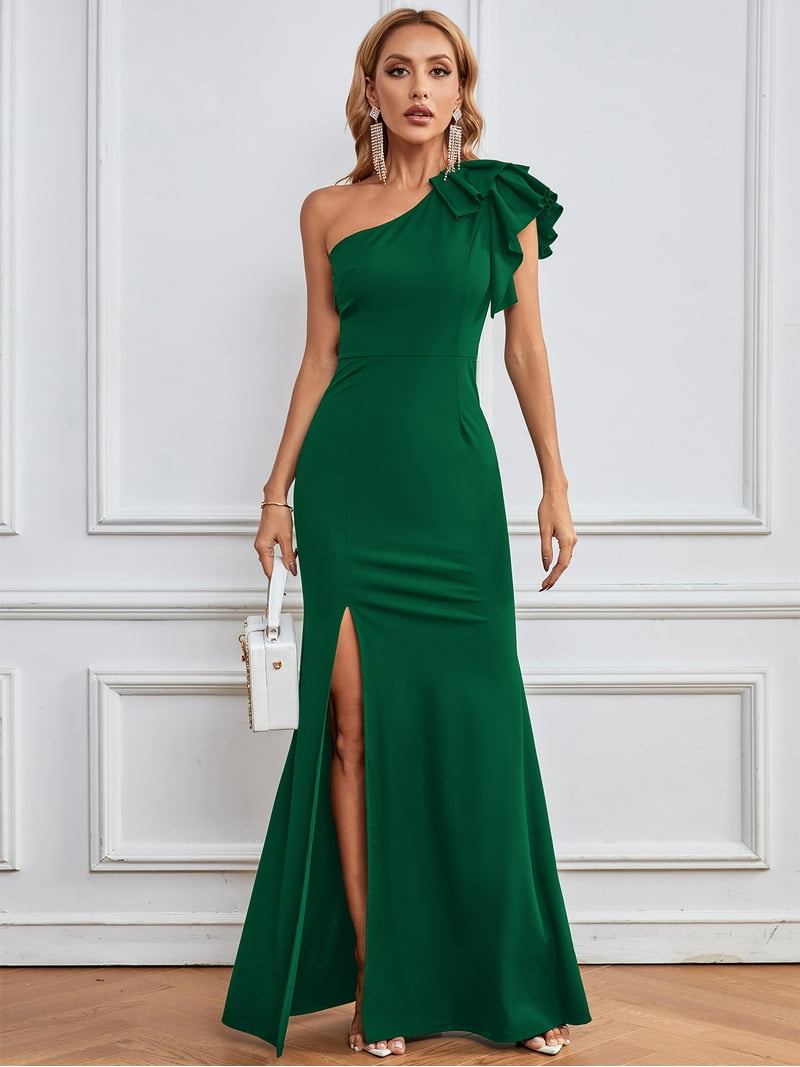 I2CRAZY Women's Sexy Dark Green One Shoulder High Split Evening Party Bodycon  Maxi Dress-S - Walmart.com