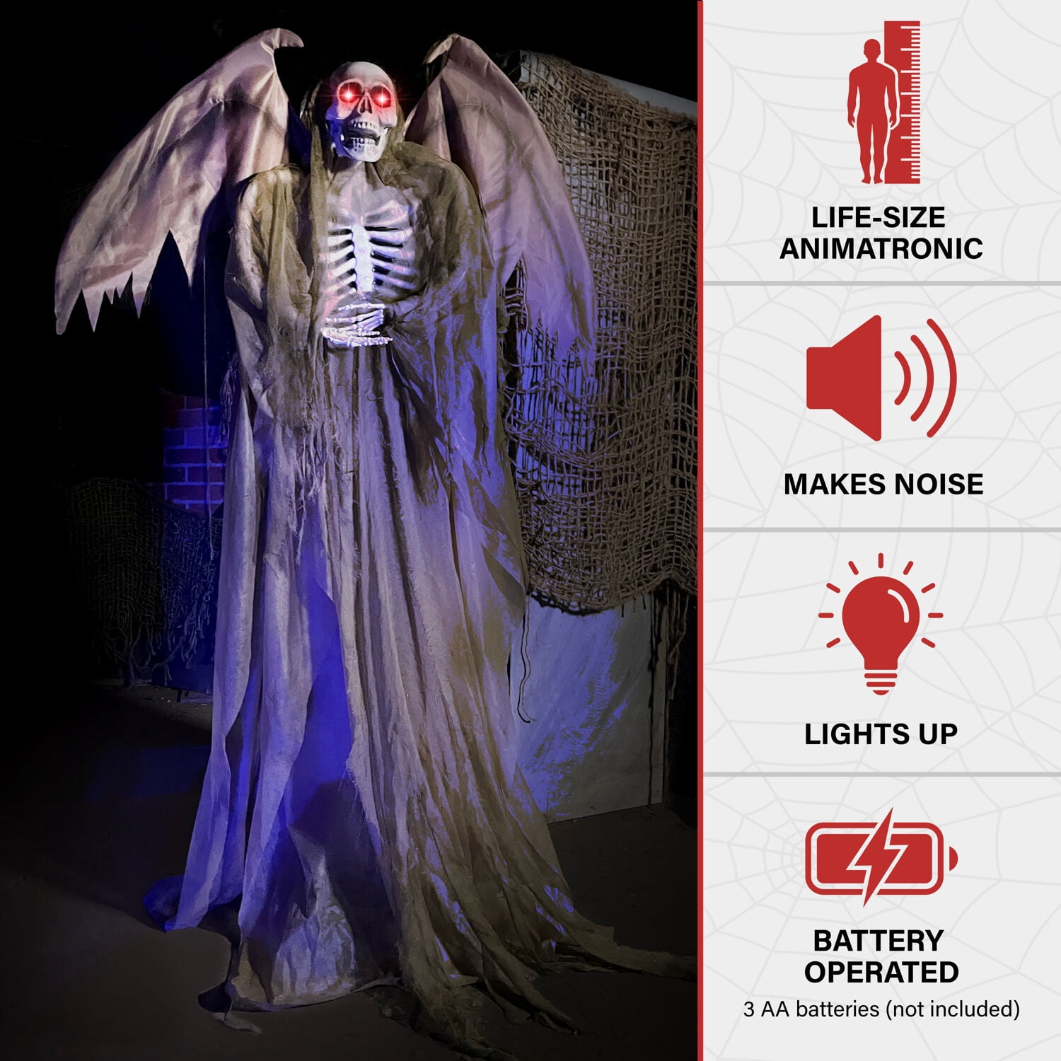 Haunted Hill Farm 5.5 ft Life-size Animatronic Reaper with Wings, Halloween Decoration, HHWINGSKEL-4FLSA