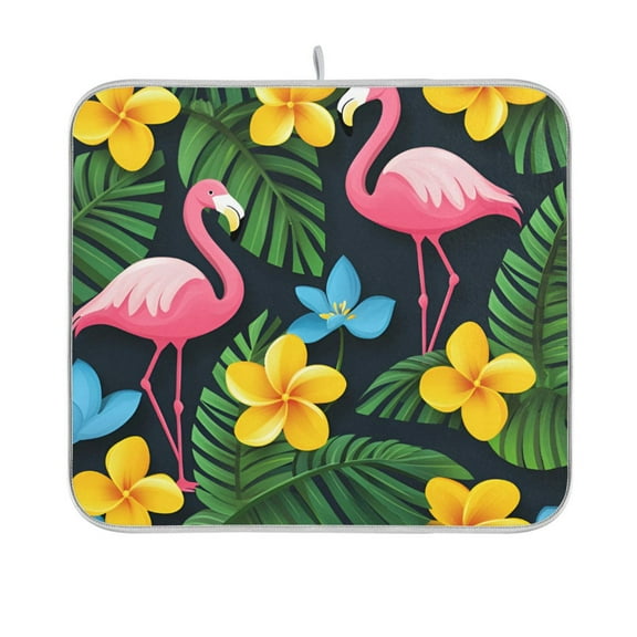 Yayeee Dish Drying Mat for Kitchen Counter 16"x18" Microfiber Absorbent Pad, Flamingo Floral Pattern