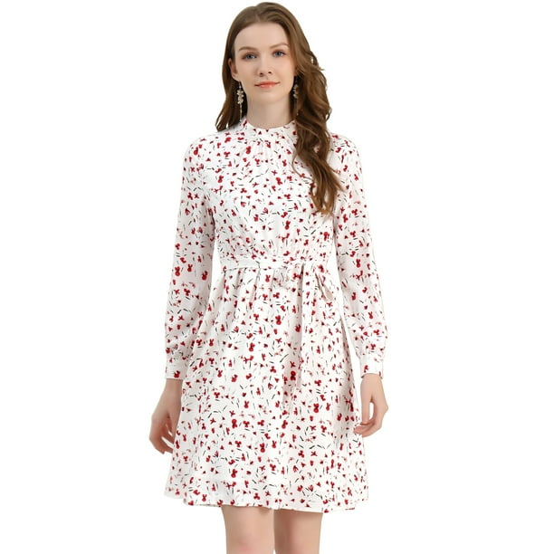 Vestido Floral De Una Línea De Manga Larga Con Columpio Hasta La Rodilla Y Cuello Simulado Para Mujer Blanco L