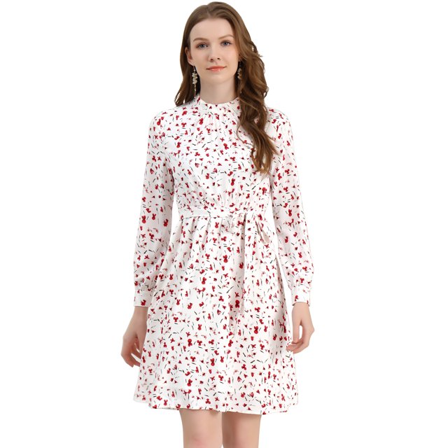 Vestido Floral De Una Línea De Manga Larga Con Columpio Hasta La Rodilla Y Cuello Simulado Para Mujer Blanco L
