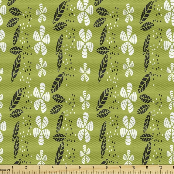 Nature Art Sofa Upholstery Fabric by the Yard, Growth Season Leaves and Flowers Motif Flourishing Blossoms Nature, Decorative Fabric for DIY and Home Accents, Apple Green Black White by Ambesonne