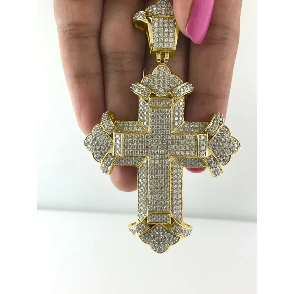 Cut 3Ct Round Diamond Created Lab Cross Pendant Men's 14K Yellow Gold Plated