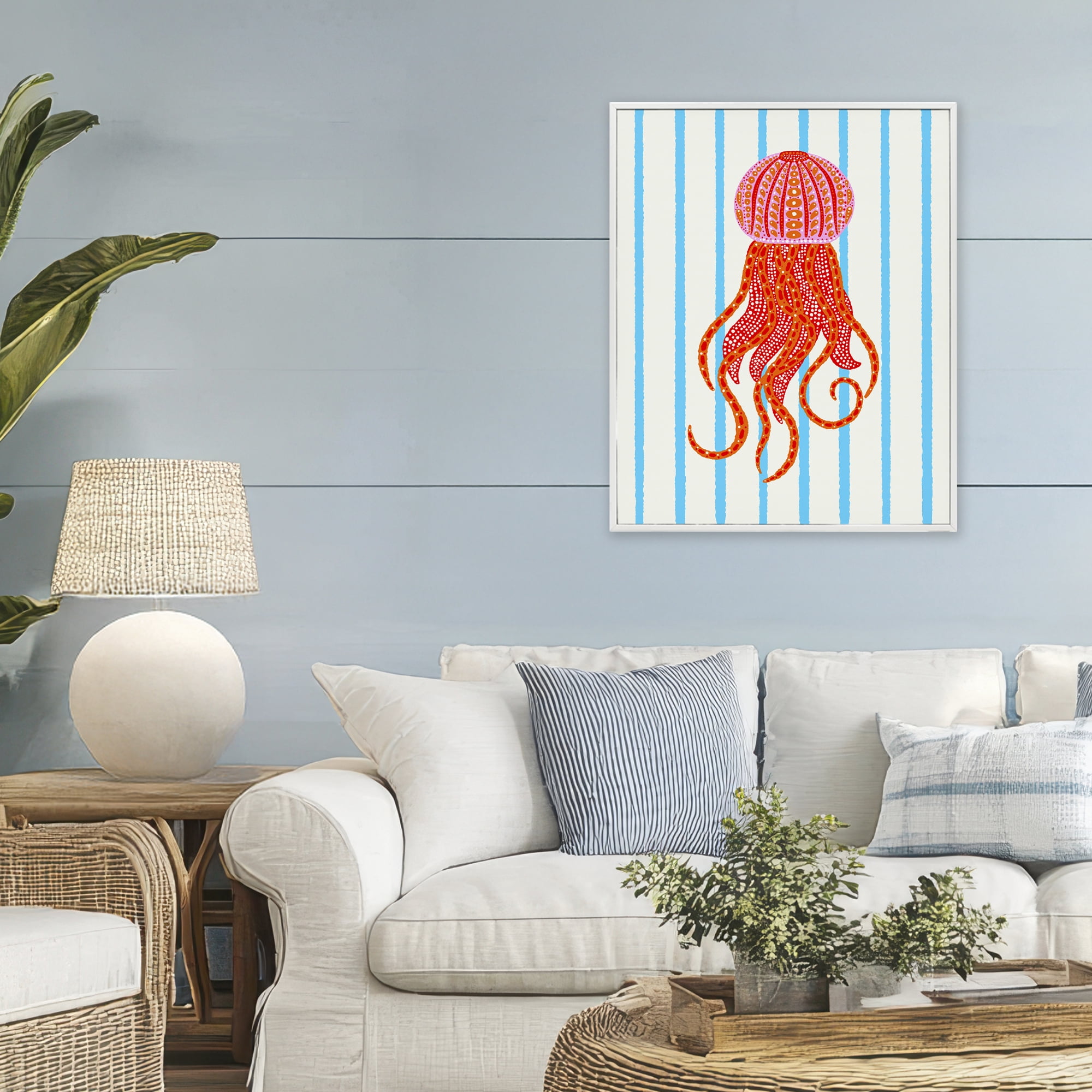 Stupell Industries Bright Aquatic Jellyfish on Stripes White Framed Giclee Art, design by Indira Prieto | IndySign