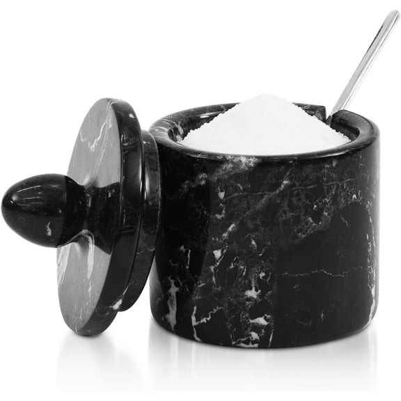 Elborse Marble Salt Cellar with Lid 4 inch – Handmade Black Marble Salt Cellar, Kitchen Salt Container Holder for Countertop Storage, Refillable Salt Box for Salt & Spices