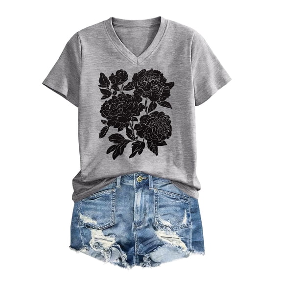 Jamsmile Women T-Shirts Summer Flowers Print V Neck Solid Color Short Sleeved T Shirts Casual Pullovers Graphic Tees Tops