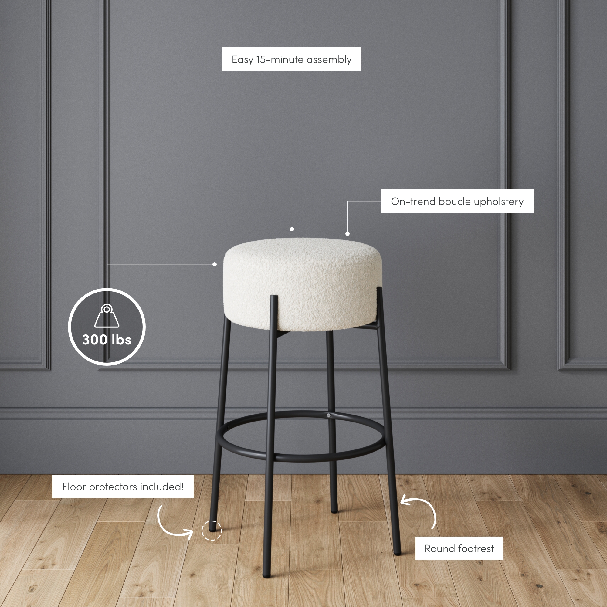 Nathan James Isaac 29" Modern Backless Bar Stool with Round Soft Padded Boucle Seat and Metal Mid-Century Base, Boucle White/Black