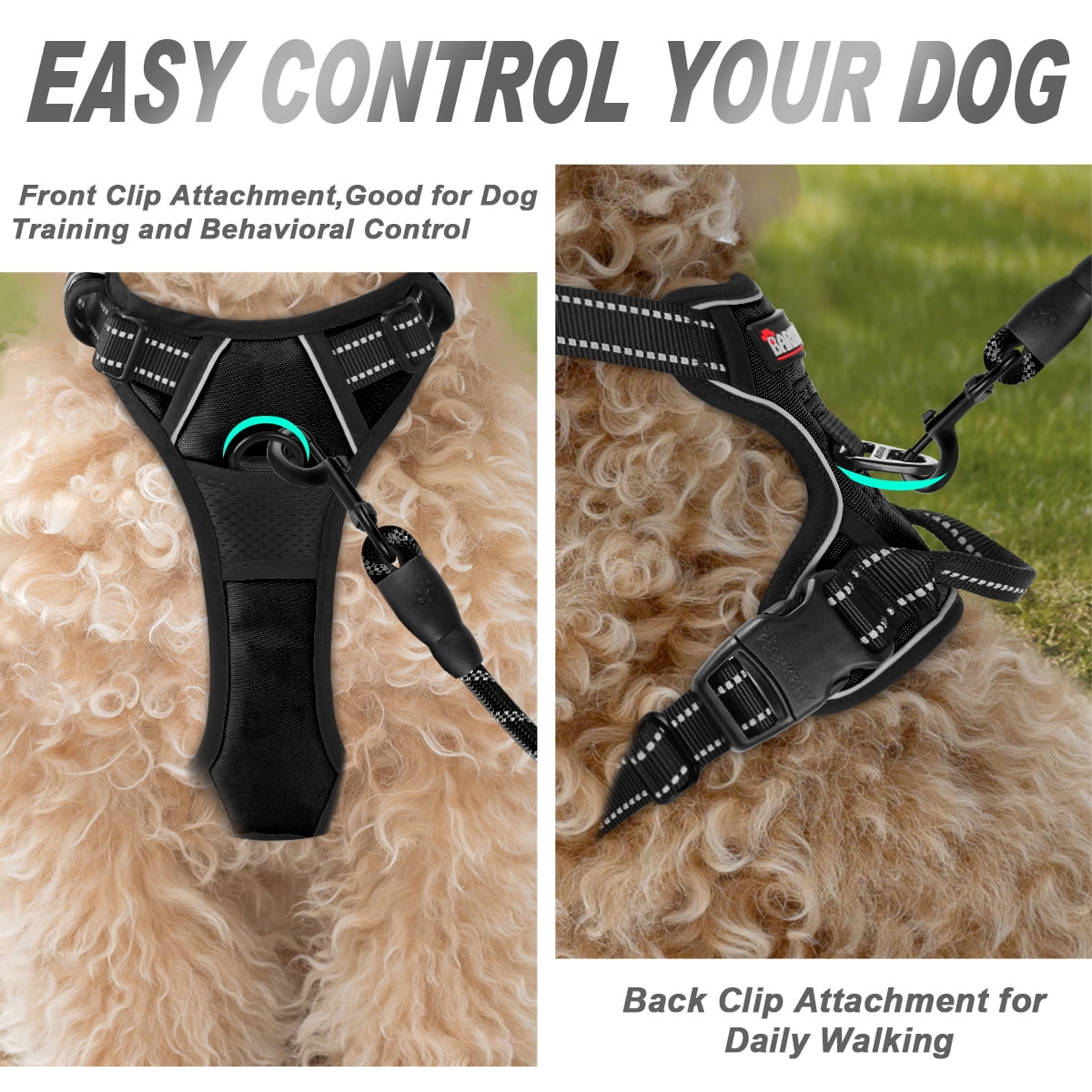 BARKBAY No Pull Dog Harness for Large Dogs with 2 Metal Leash Clips Reflective and Easy Control Handle for Walking Training Running Black,S